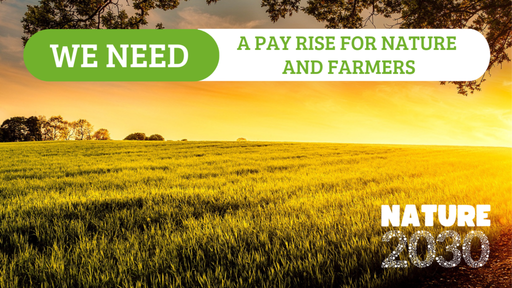 nature 2030 campaign image of arable field with text we need a pay rises for nature and farmers