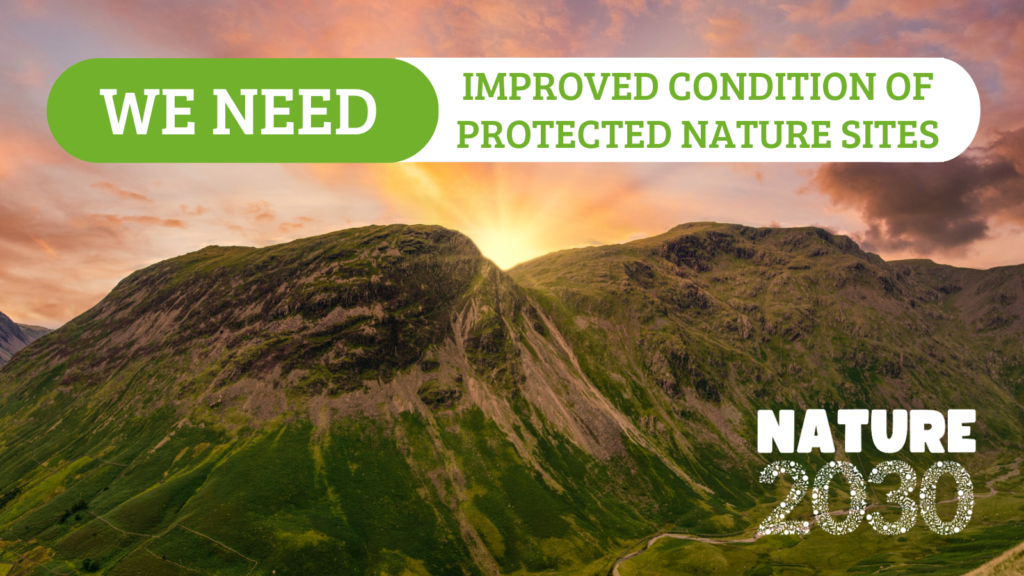 nature 2030 campaign image of uk mountain tops with text we need improved condition of protected nature sites