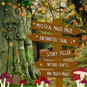 Autumn leaves fall around an ancient oak with a green face in the bark. Mushrooms grow from the floor, and a wooden sign post with multiple arrows point the way to the different events of Autumn Adventure: Tales and Trails.