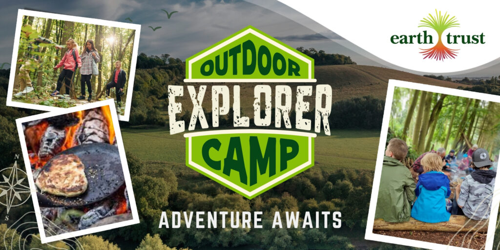 Outdoor Explorer Camp. A backdrop of the Wittenham Clumps, with photos of cooking on a campfire, and children in a woodland setting.