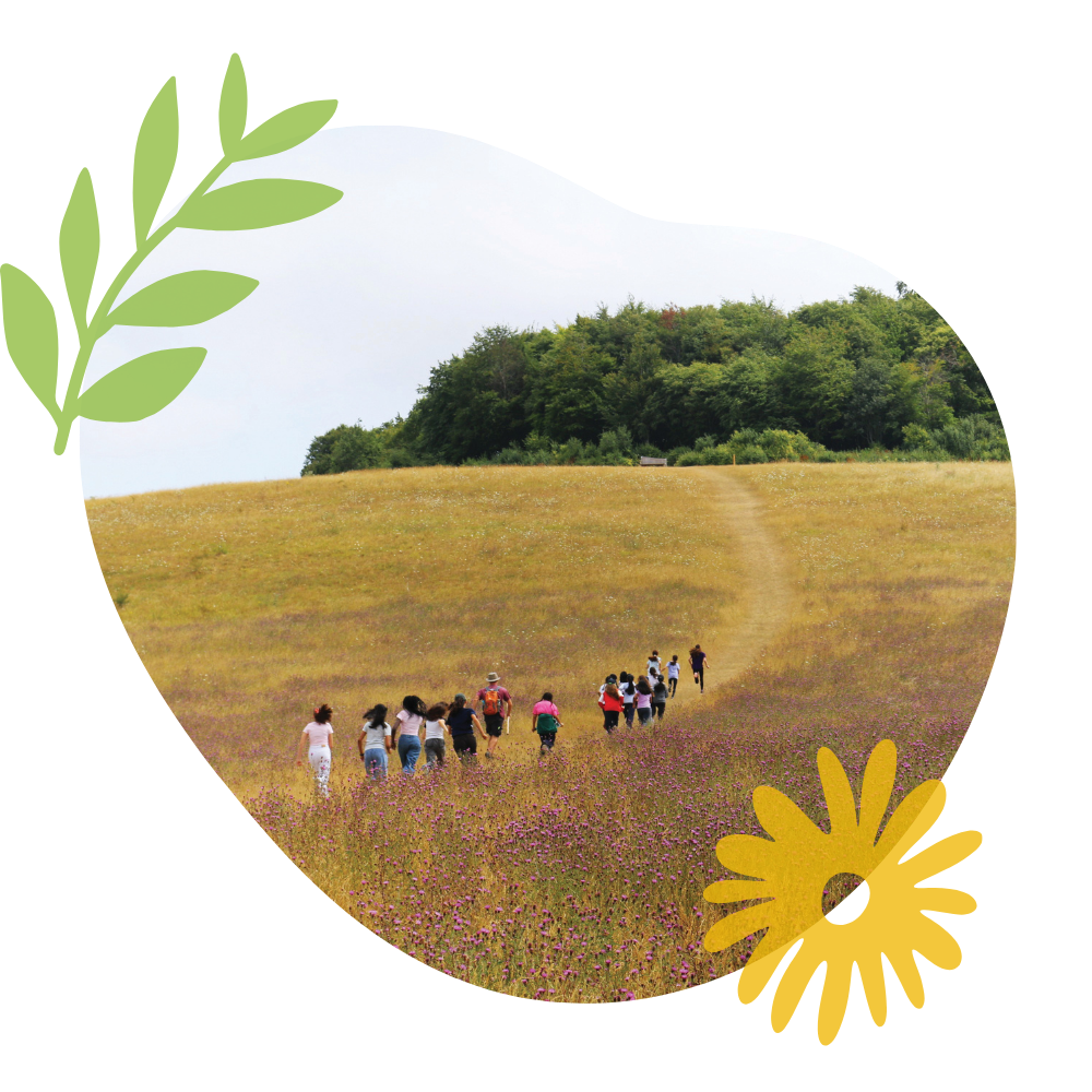 Group of children running up clumps hill in pebble