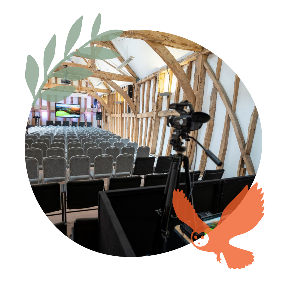 Corporate venue pebble with Fison barn in theatre setup