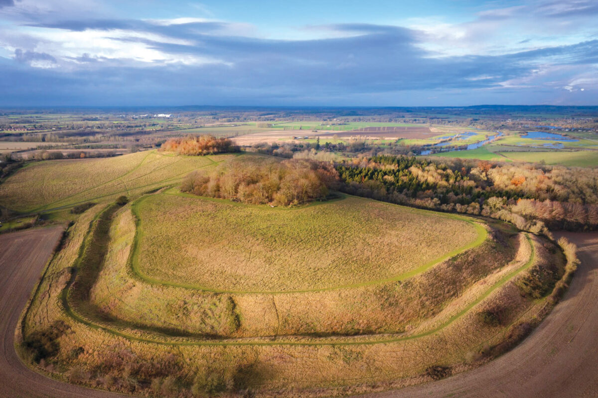 An ariel view of Round Hill at Wittenham Clumps showing the rampards of the iron age hill fort.